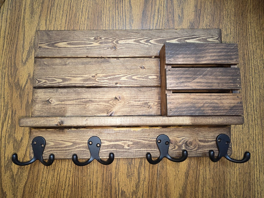 Rustic Wooden Mail & Key Holder – Farmhouse Wall Organizer with Hooks